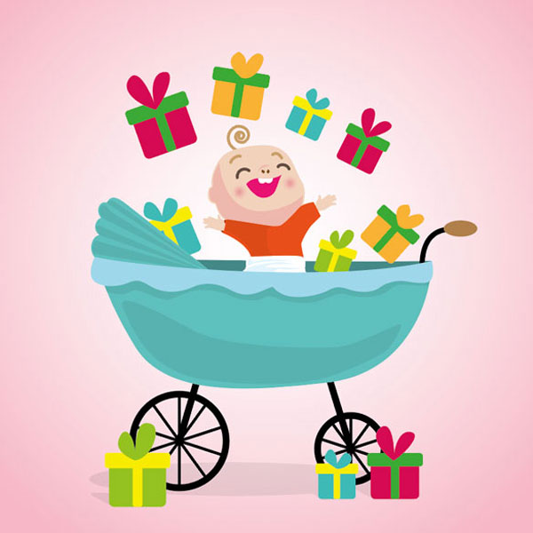 Illustration d'un bébé riant, debout dans son landau, jetant des cadeaux en l'air