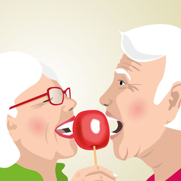 Illustration d'un couple de séniors prêts à croquer une pomme d'amour