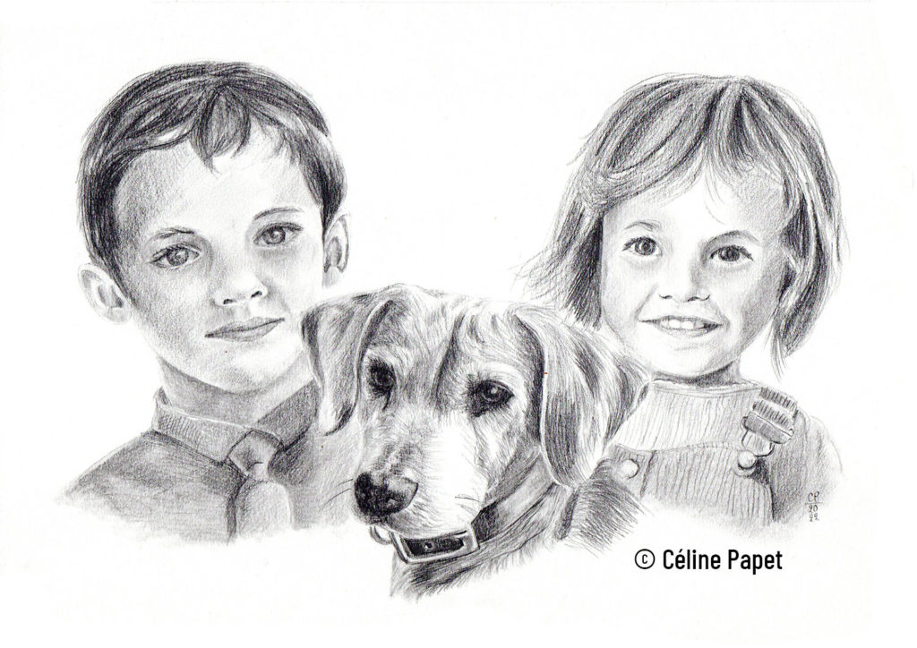 Portrait Sacha, Capucine et Guiness, dessin crayon graphite