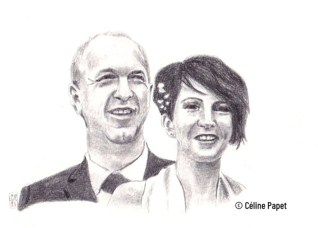 Portrait jeunes mariés, dessin crayon graphite